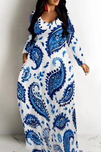 White Blue Casual Print Patchwork V Neck Long Dresses