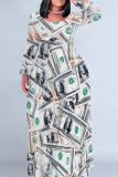 Gray Blue Casual Print Patchwork O Neck Long Plus Size Dresses