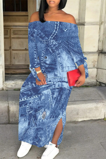 Baby Blue Casual Street Faux Denim Print Lace Up Slit Contrast Off Shoulder Printed Dresses