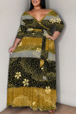 Black Casual Street Floral Print Lace Up Contrast V Neck Printed Plus Size Dresses
