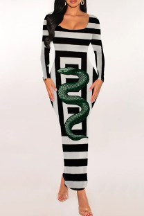 Green Casual Print Patchwork U Neck Wrapped Skirt Dresses