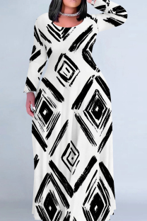 White Black Casual Print Patchwork O Neck Long Plus Size Dresses