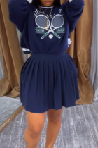 Navy Blue Casual Print Patchwork Contrast O Neck Long Sleeve Two Pieces