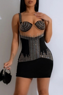 Black Sexy Patchwork Hot Drilling Backless Spaghetti Strap Wrapped Skirt Dresses