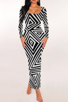 Black And White Casual Print Patchwork U Neck Wrapped Skirt Dresses
