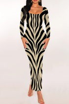Light Khaki Casual Print Patchwork U Neck Wrapped Skirt Dresses