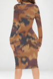 Orange White Casual Street Geometric Print Contrast V Neck Printed Dresses