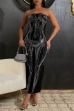 Black Sexy Patchwork Hot Drilling Backless Slit Strapless Long Dresses