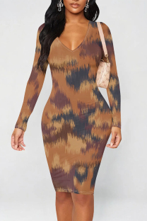Brown Casual Street Geometric Print Contrast V Neck Printed Dresses
