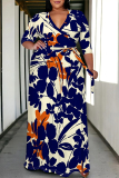 Black Casual Street Floral Print Lace Up Contrast V Neck Printed Plus Size Dresses
