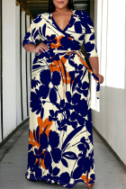 Blue Casual Street Floral Print Lace Up Contrast V Neck Printed Plus Size Dresses