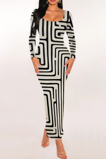 Cream White Casual Print Patchwork U Neck Wrapped Skirt Dresses