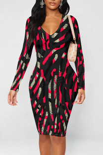 Black Red Casual Street Geometric Print Contrast V Neck Printed Dresses
