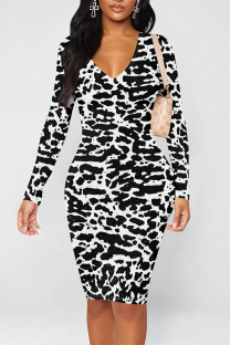 Black And White Casual Street Geometric Print Contrast V Neck Printed Dresses