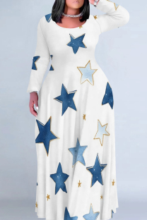 White Blue Casual Print Patchwork O Neck Long Plus Size Dresses