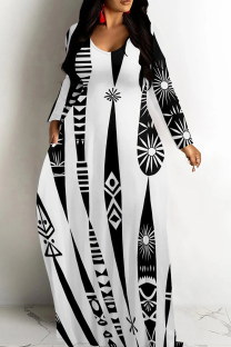 White Black Casual Print Patchwork V Neck Long Dresses