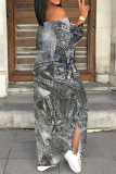 Medium Blue Casual Street Faux Denim Print Lace Up Slit Contrast Off Shoulder Printed Dresses