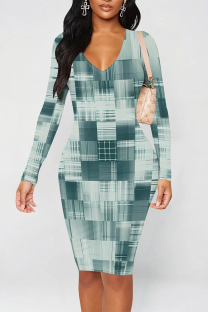 Baby Blue Casual Street Geometric Print Contrast V Neck Printed Dresses