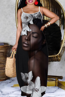 Black Gray Casual Figure Print Backless Spaghetti Strap Long Dresses