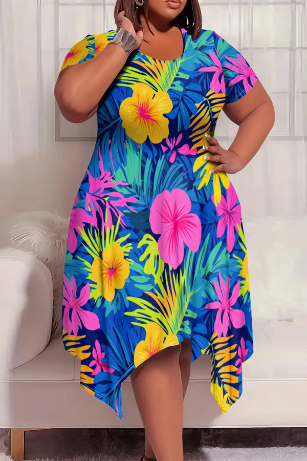 Multicolor Casual Print Patchwork O Neck Irregular Plus Size Dresses