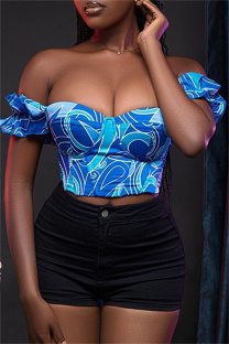Royal Blue Sexy Casual Print Backless Off Shoulder Tops