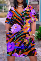 Purple Orange Casual Print Pocket V Neck Short Sleeve Plus Size Dresses