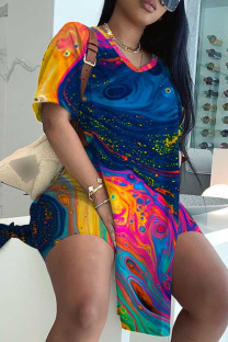 Blue Casual Print Slit V Neck Short Sleeve Two Pieces
