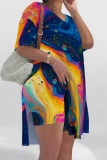 Tibetan Blue Casual Print Slit V Neck Short Sleeve Two Pieces