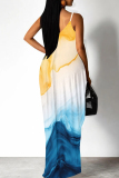 Yellow And Blue Casual Print Patchwork Spaghetti Strap Sling Dresses