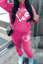 Rose Red Casual Print Pocket Patchwork Hooded Long Sleeve Two Pieces
