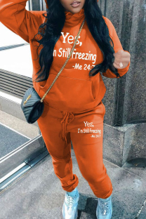 Orange Casual Solid Color Patchwork Hooded Long Sleeve Two Pieces