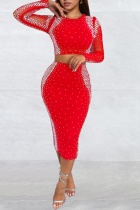 Red Sexy Patchwork Hot Drill O Neck Long Sleeve Two Pieces