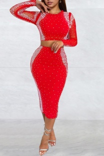 Red Sexy Patchwork Hot Drill O Neck Long Sleeve Two Pieces