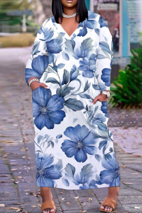 Blue Casual Floral Print Basic V Neck Long Plus Size Dresses