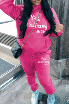 Rose Red Casual Solid Color Patchwork Hooded Long Sleeve Two Pieces