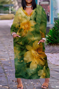 Green Casual Floral Print Basic V Neck Long Plus Size Dresses