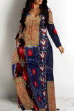 Green Purple Casual Faux Denim Print Patchwork V Neck Long Dresses