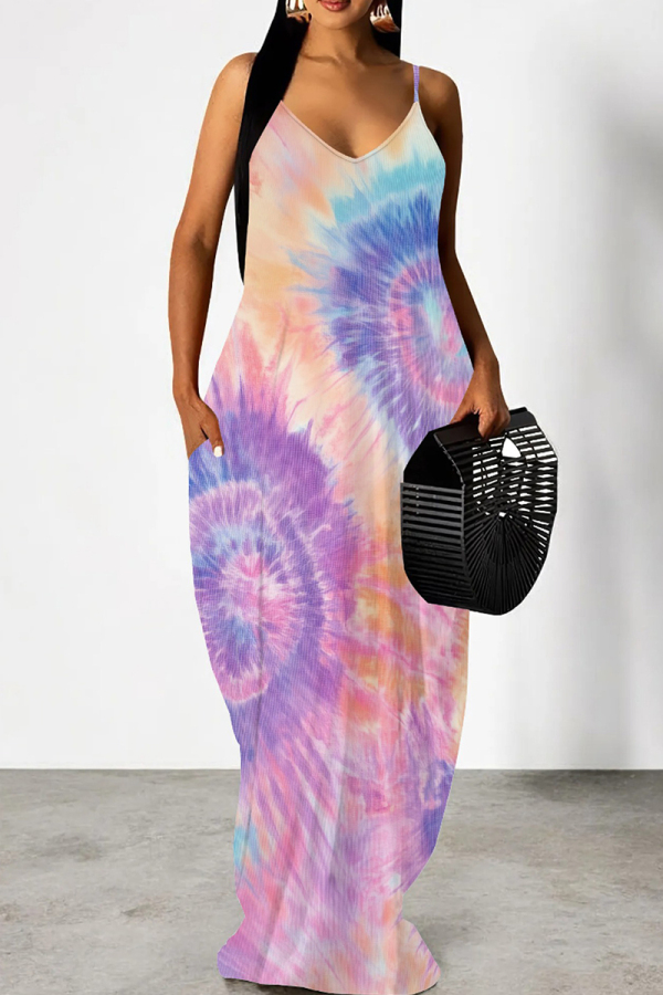 Purple Pink Casual Print Patchwork Spaghetti Strap Sling Dresses
