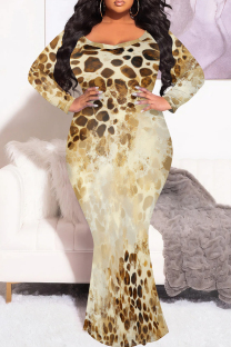 Light Khaki Casual Print Patchwork O Neck Fishtail Plus Size Dresses