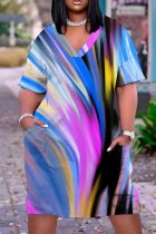 Blue Casual Print Pocket V Neck Short Sleeve Plus Size Dresses