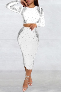 White Sexy Patchwork Hot Drill O Neck Long Sleeve Two Pieces