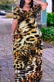 Leopard Print Casual Print Basic O Neck Long Plus Size Dresses