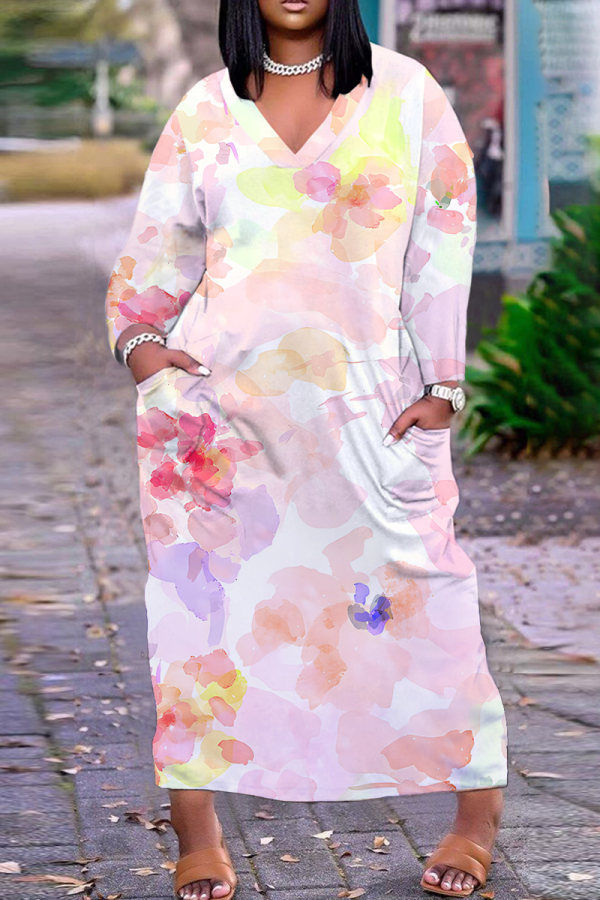 Peach Casual Floral Print Basic V Neck Long Plus Size Dresses