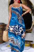 Blue Casual Print Backless Spaghetti Strap Long Dresses