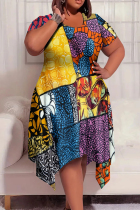 Yellow And Blue Casual Print Patchwork O Neck Irregular Plus Size Dresses