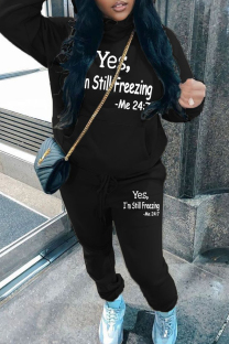 Black Casual Solid Color Patchwork Hooded Long Sleeve Two Pieces