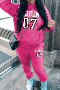 Rose Red Casual Print Pocket Patchwork Hooded Long Sleeve Two Pieces