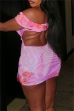 Pink Sexy Print Backless Off Shoulder Sleeveless Dresses