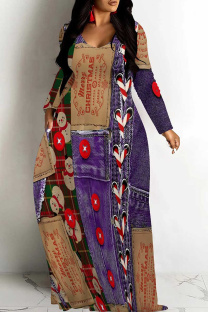 Purple Casual Faux Denim Print Patchwork V Neck Long Dresses