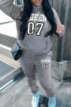 Grey Casual Print Pocket Patchwork Hooded Long Sleeve Two Pieces